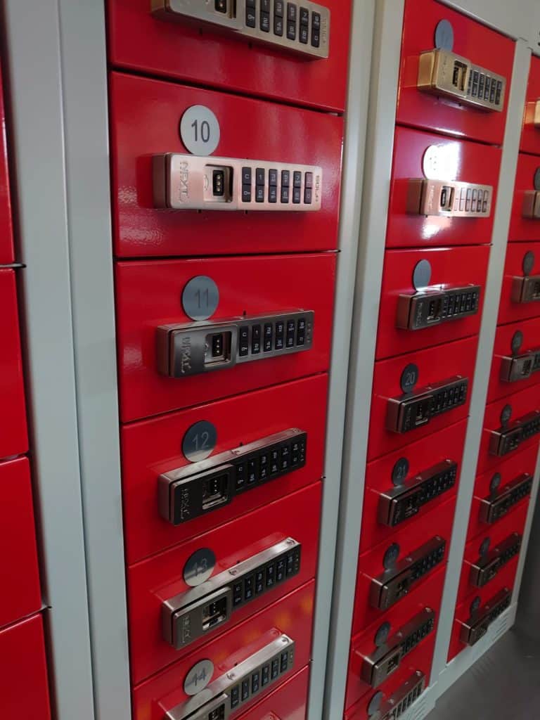 Digital storage lockers in red